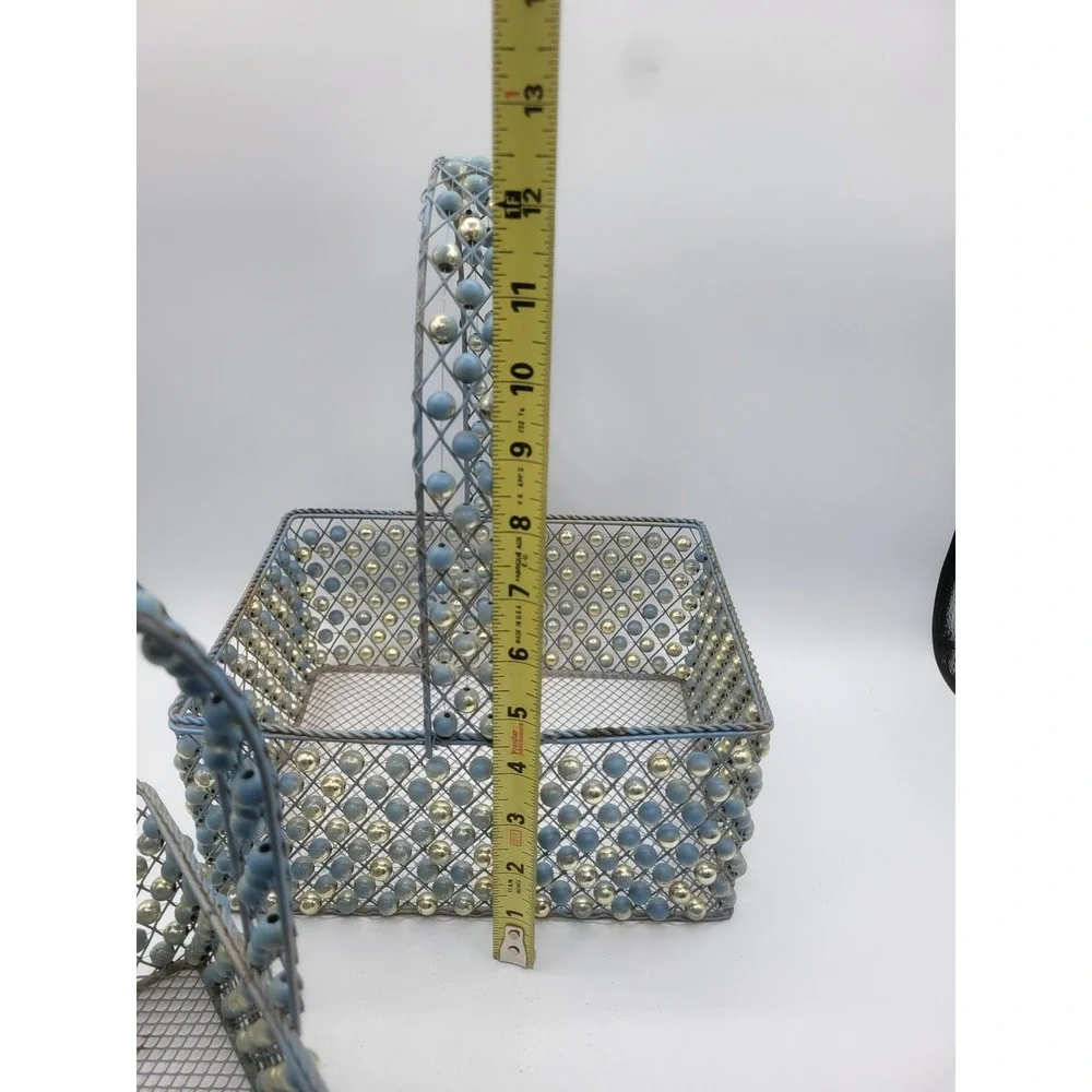 Vintage Beaded Wire Mesh Basket Set 2pc Blue Gold Cottagecore Decorative Storage